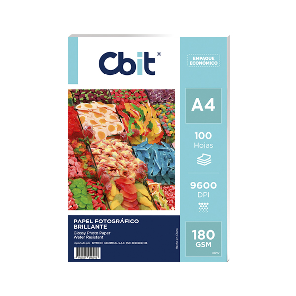 Papel Fotográfico Brillante 180 gr. A4-100H 9600 dpi Cbit