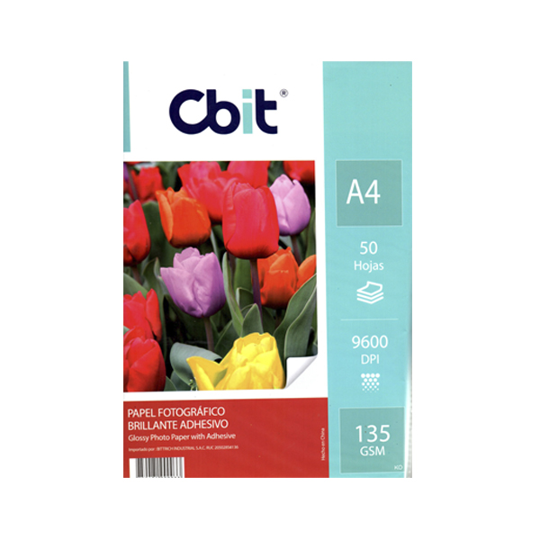 Papel Fotográfico Brillante Adhesivo 135 gr. A4-50H 9600 dpi Cbit